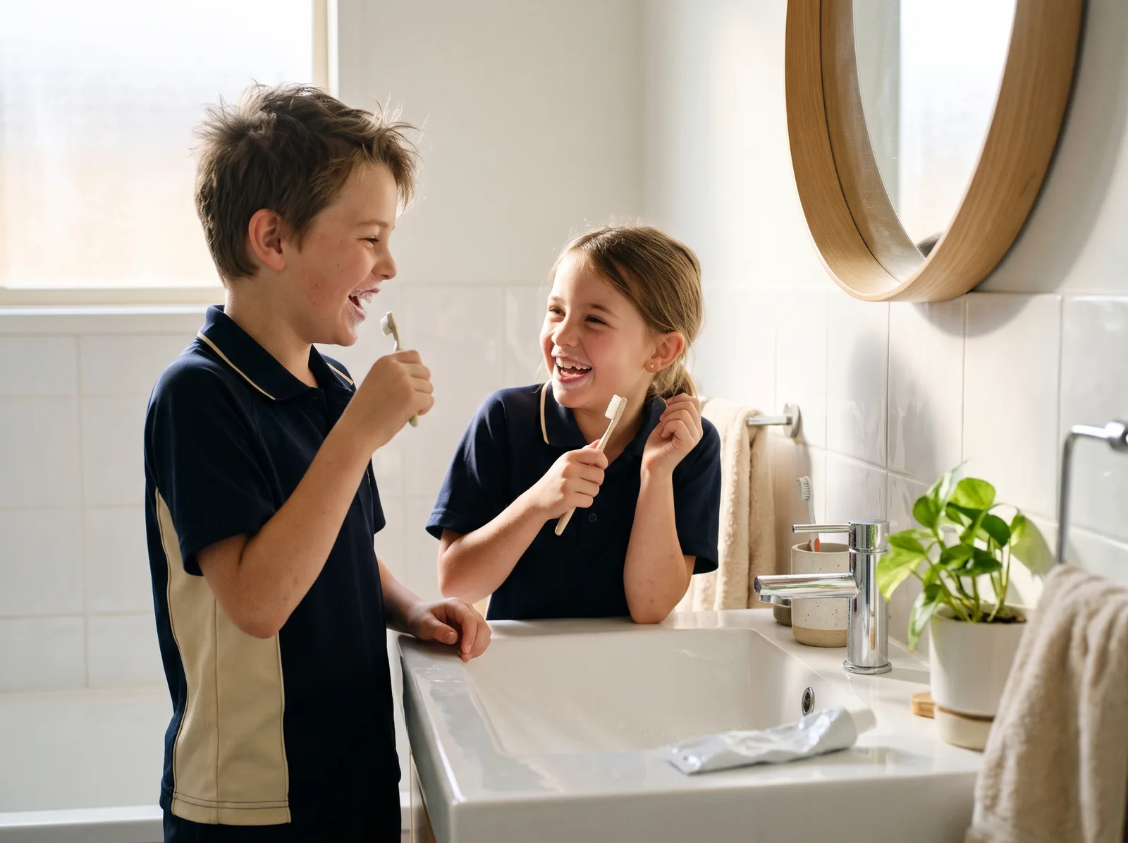 Two children brushing their teeth together at the sink
