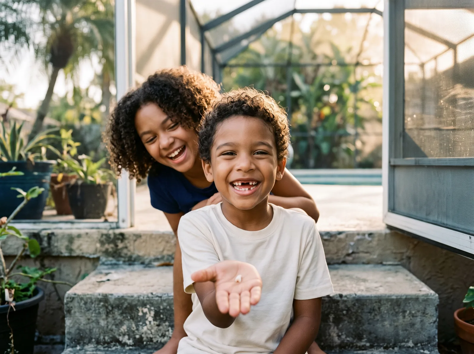 A child showing a lost tooth, with a sibling beside them