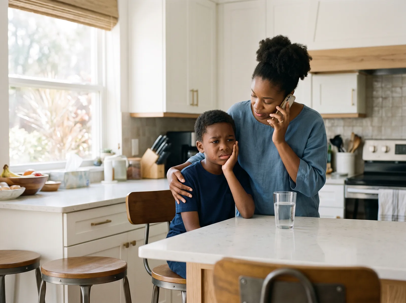 A parent on the phone with an arm around a child holding their cheek