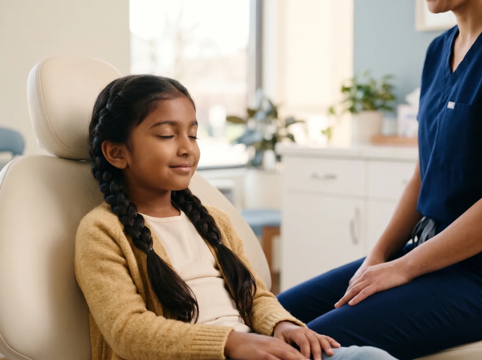 A girl with braided hair sitting calmly in the dental chair beside a clinician