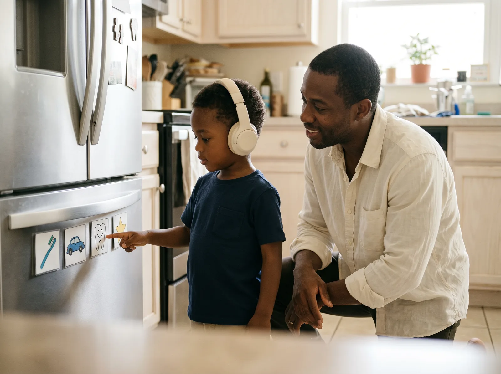 A child in headphones pointing to a tooth picture on the fridge